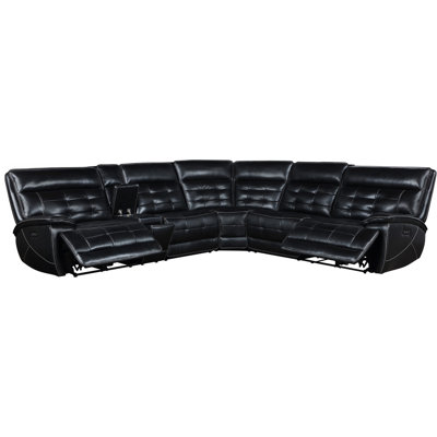 Dual Power Reclining Sectional With Black Leather, Design, Recline, And A Console Hidden Cup Rests Wireless For Home Comfort Luxury Top Grain Leather , Modern Console, Back Contemporary Living Space