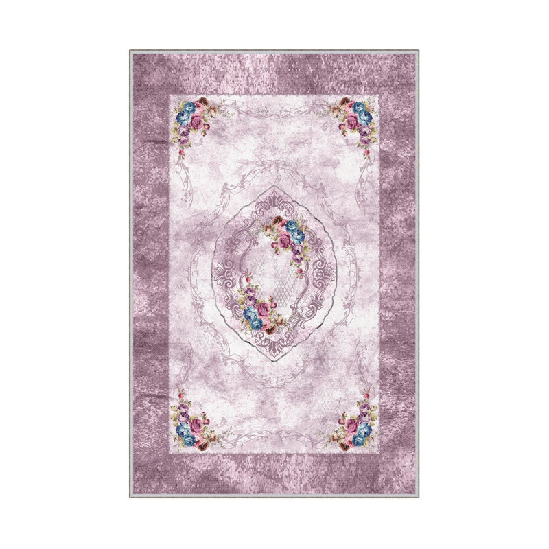 Tapis en polyester tissé à la machine en mauve / blanc Abdurrahman, Rectangle 2 pi 7 po x 4 pi 11 po