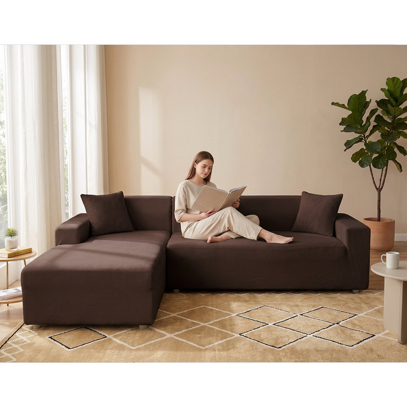 Housse de canapé en L épais en velours - Housse de canapé modulaire avec 2 housses de coussin décoratif, Café