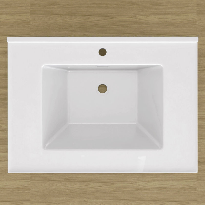 30 Inch Solid Surface Bathroom Vanity Top with Integrated Single Sink, Bright White 2" Thick Countertop, Raised Edge & Backsplash