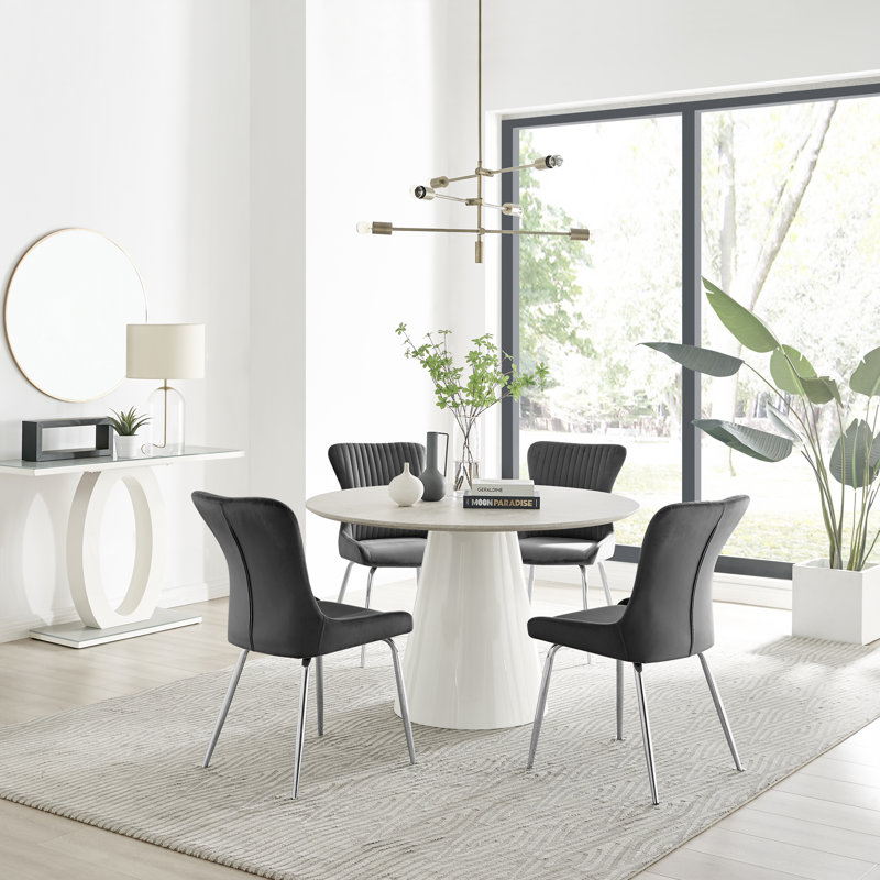 Edzard Statement 4 Person Round Dining Table Set in Luxury Stone Effect - Velvet Dining Chairs, Dark Grey/Silver