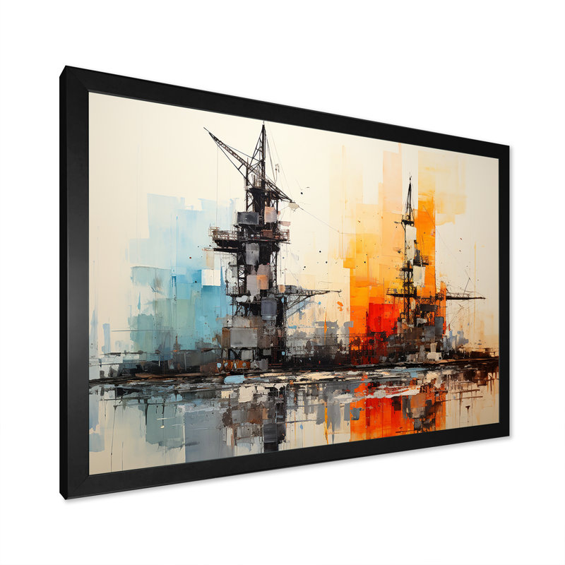 Abstrait rouge et bleu «Oil Rigs Fields II» sur toile, Cadre simple noir, H 12 po x l 20 po x P 1 po