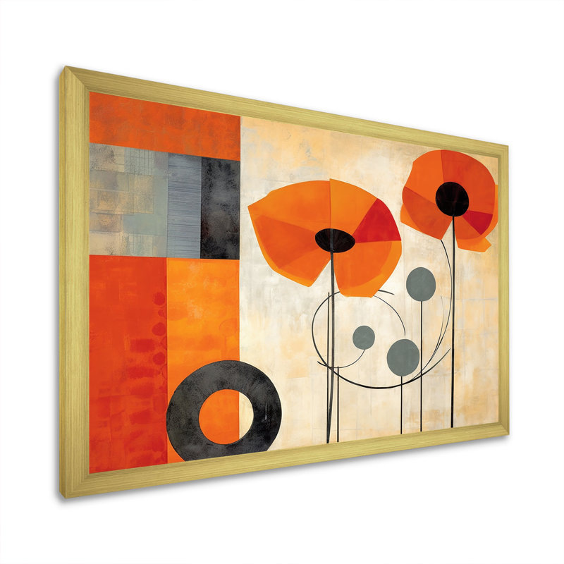 Fleurs cubiques orange vif - art mural abstrait géométrique pour le salon, H 30 po x l 40 po x P 1,5 po, Cadre doré simple