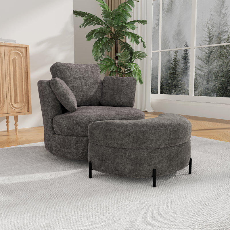Fauteuil demi-tonneau pivotant en chenille de 40,5 po de largeur avec repose-pieds et coussins, Gris