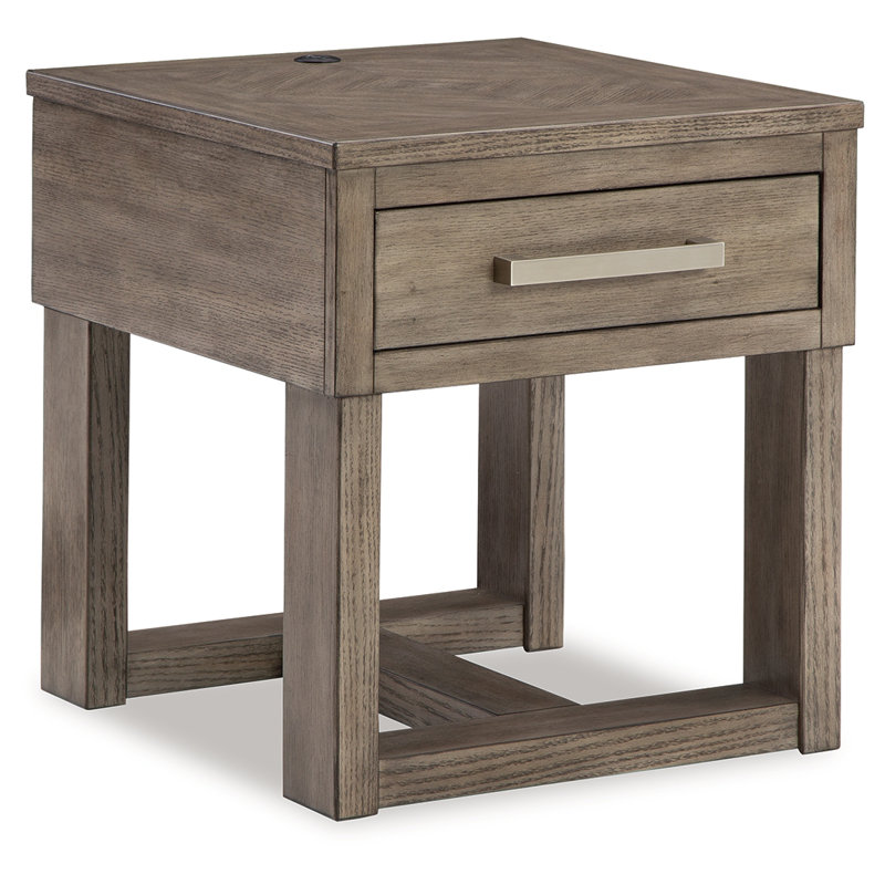 Transitional Brown and White Wood End Table with Storage and USB Charging