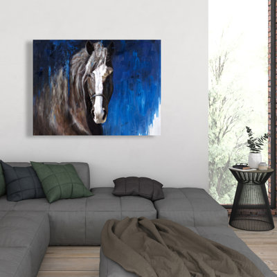 Cheval brun sur fond bleu | Toile d'animaux contemporains