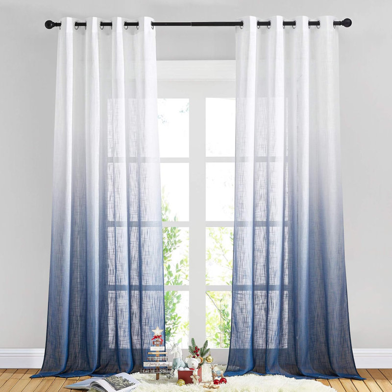 Ombre Sheer Curtains for Windows, Grommet Decorative Sheer Linen Curtains Semitransparent with Light Filtering for Bedroom/Living Room, 2 Panels