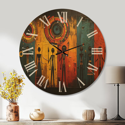 Très grande horloge murale africaine en bois africain Tribal Rhythms VII