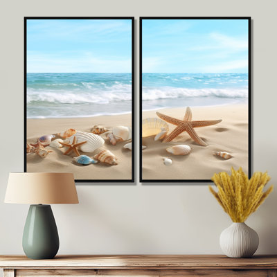 Étoile de mer et coquillages V - plage moderne, grandes impressions sur toile, 2 pièces