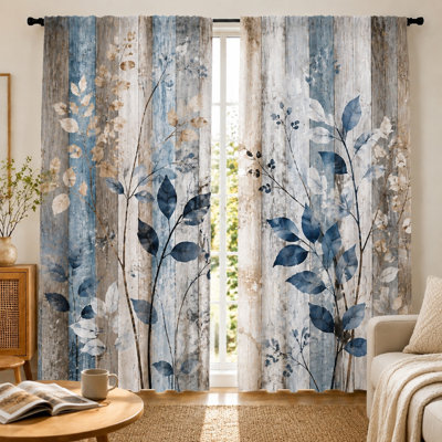 2Pcs Botanical Leaf Print Curtains with Rustic Wood Grain Background, Watercolor Style, Nature Theme, Decorative Window Drapes, Ideal for Living Room, Bedroom, Natural Ambiance, Easy Hanging, Light Filtering