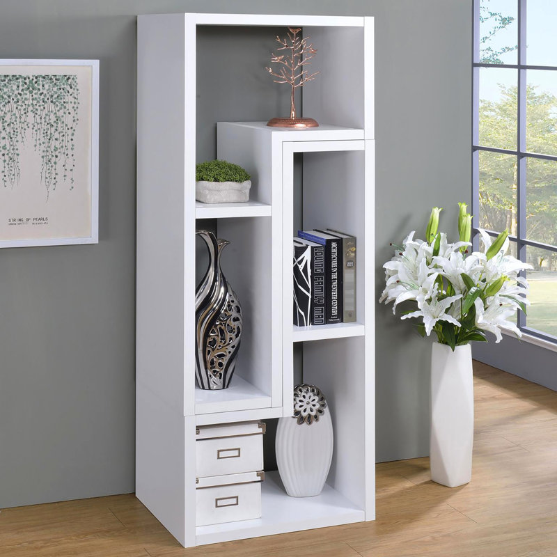 Bibliothèque contemporaine blanche avec matériau de présentation en bois pour la chambre à coucher vue de côté ouvert dans le salon