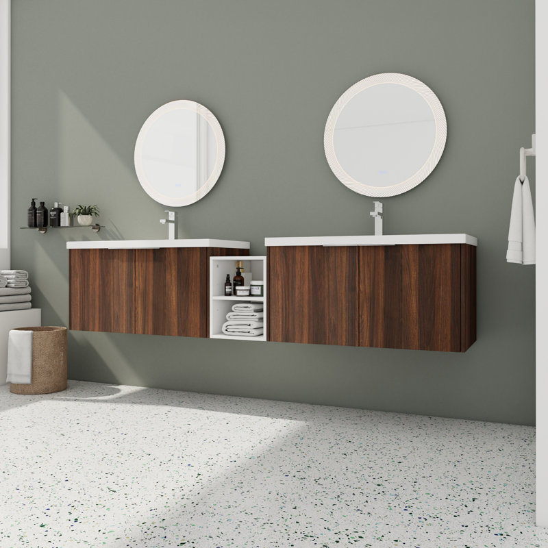 Meuble-lavabo double 84 po avec comptoir en résine 84 po, Brun
