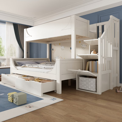 Meadow White Kids Bunk Bed with Storage Drawers and Stairs, Children Bed for 2