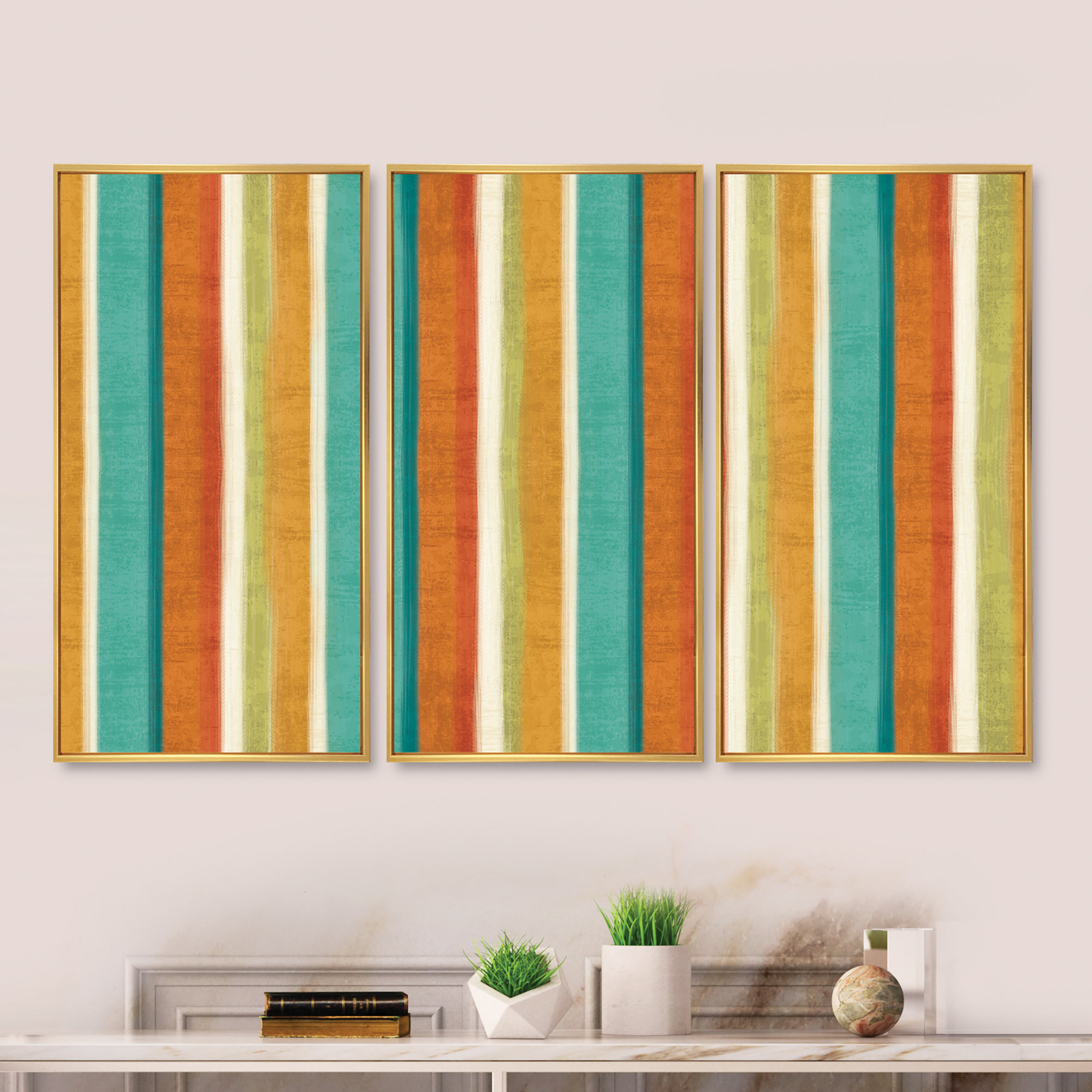 Mid Century Modern Wall Art, Geometric Design in Orange, Teal, Green Retro  Style Canvas