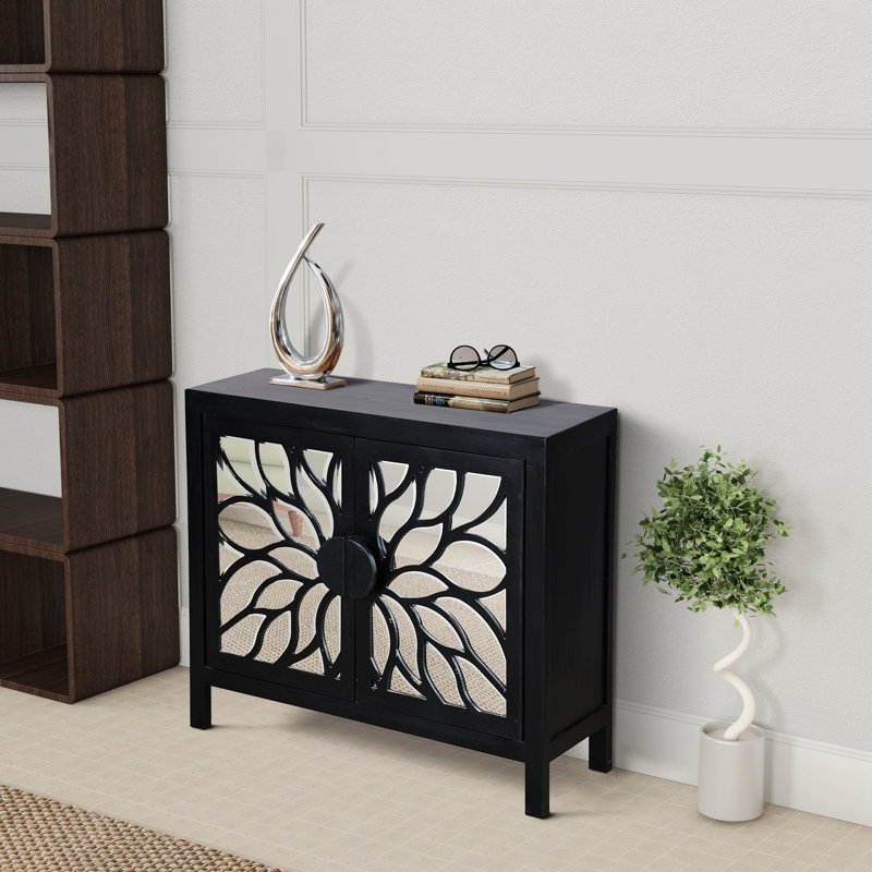 Buffet rustique avec rangement décoratif et façade en miroir à motif floral, 2 portes