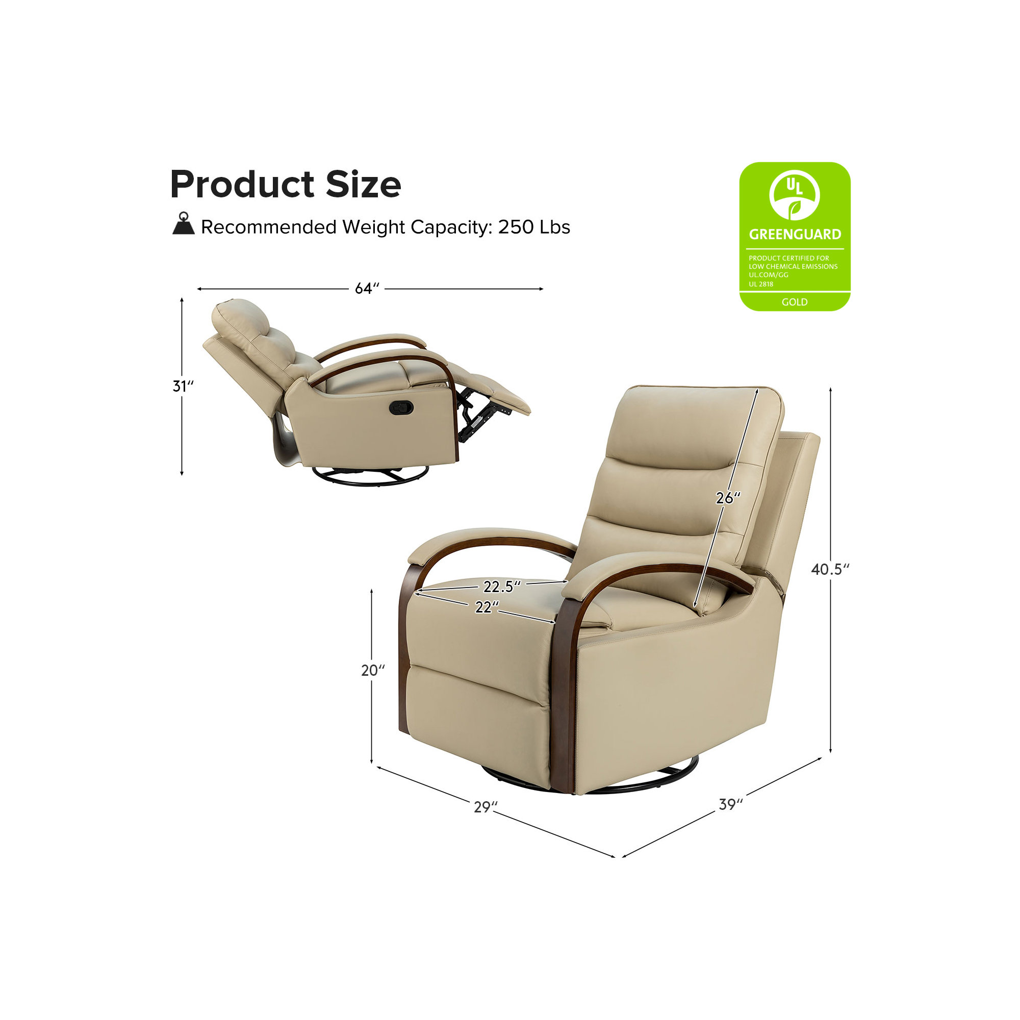 Azilda 29" Wide Genuine Leather Manual Swivel Rocking Standard Recliner, Beige Genuine Leather