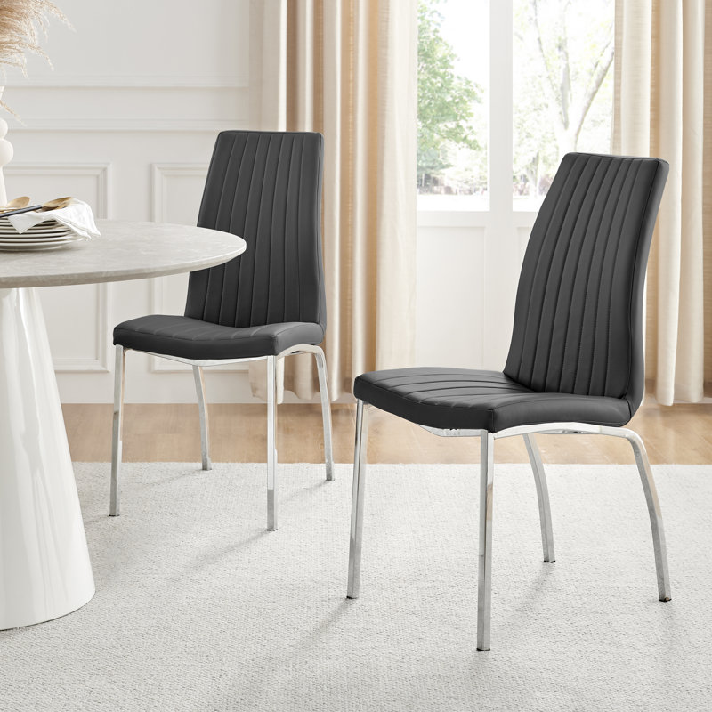 Basma Faux Leather Modern Tall Back Dining Chairs with Chrome Metal Legs & Vertical Stitching, Black