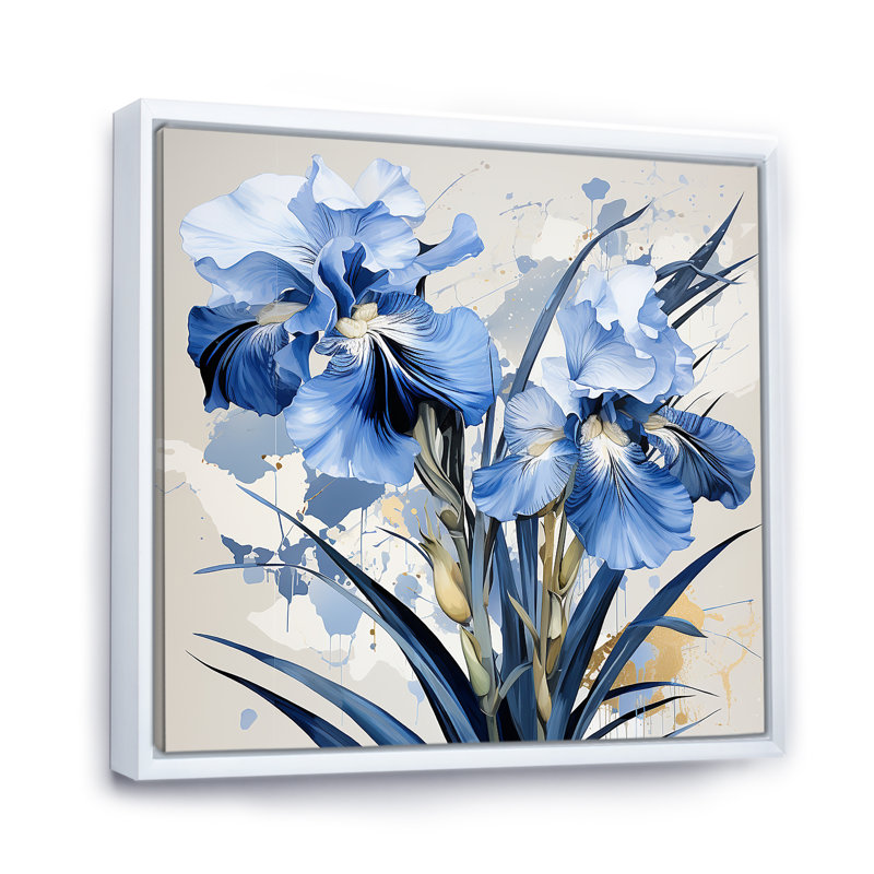 Minimalisme, jardin bleu et blanc d'Iris I sur toile, Cadre flottant blanc, H 30 po x l 30 po x P 1 po
