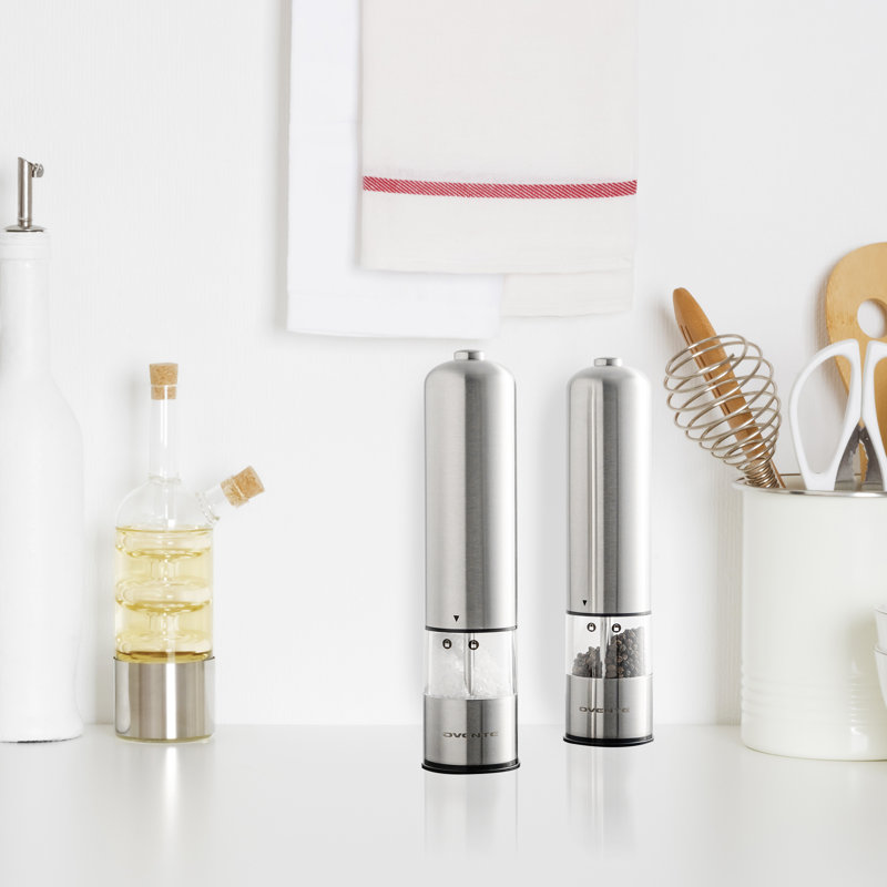 OVENTE Electric Stainless Steel Tall Sea Salt and Pepper Grinder Set with Ceramic Blade, Battery Operated Adjustable Coarseness Salt & Pepper Mill Automatic One Handed Touch, Pack of 2 Silver SPD112S