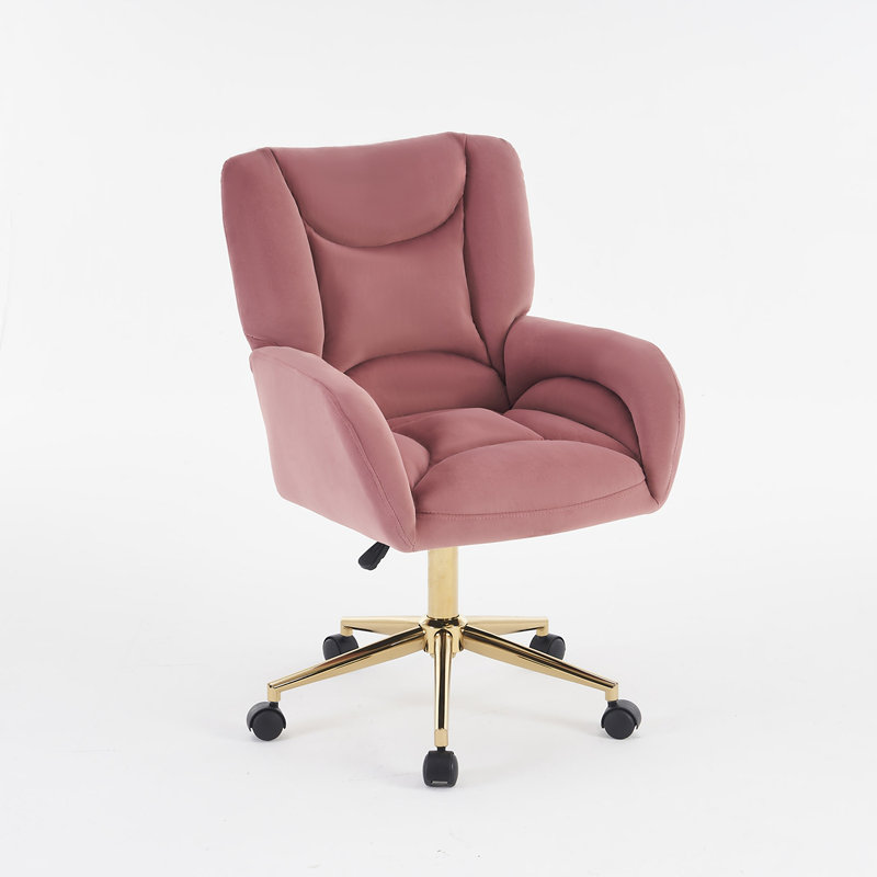 Velvet Fabric 360 Swivel Home Office Chair With Gold Metal Base And Universal Wheels,Pink, Velvet Pink
