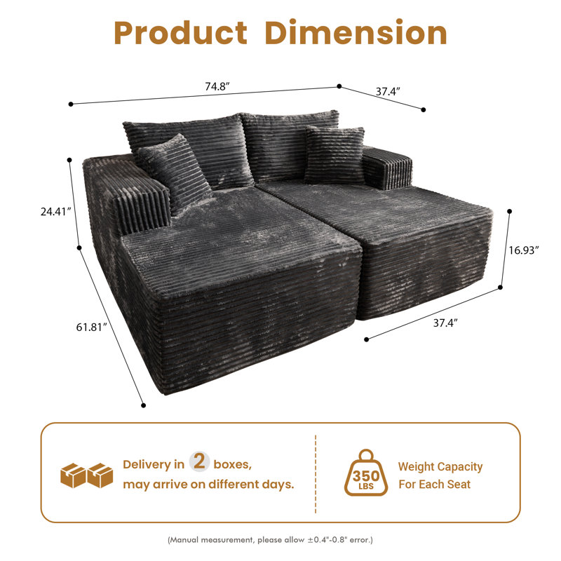Canapé-lit modulaire en velours côtelé de 74,8 po avec méridienne double et sans assemblage, Gris