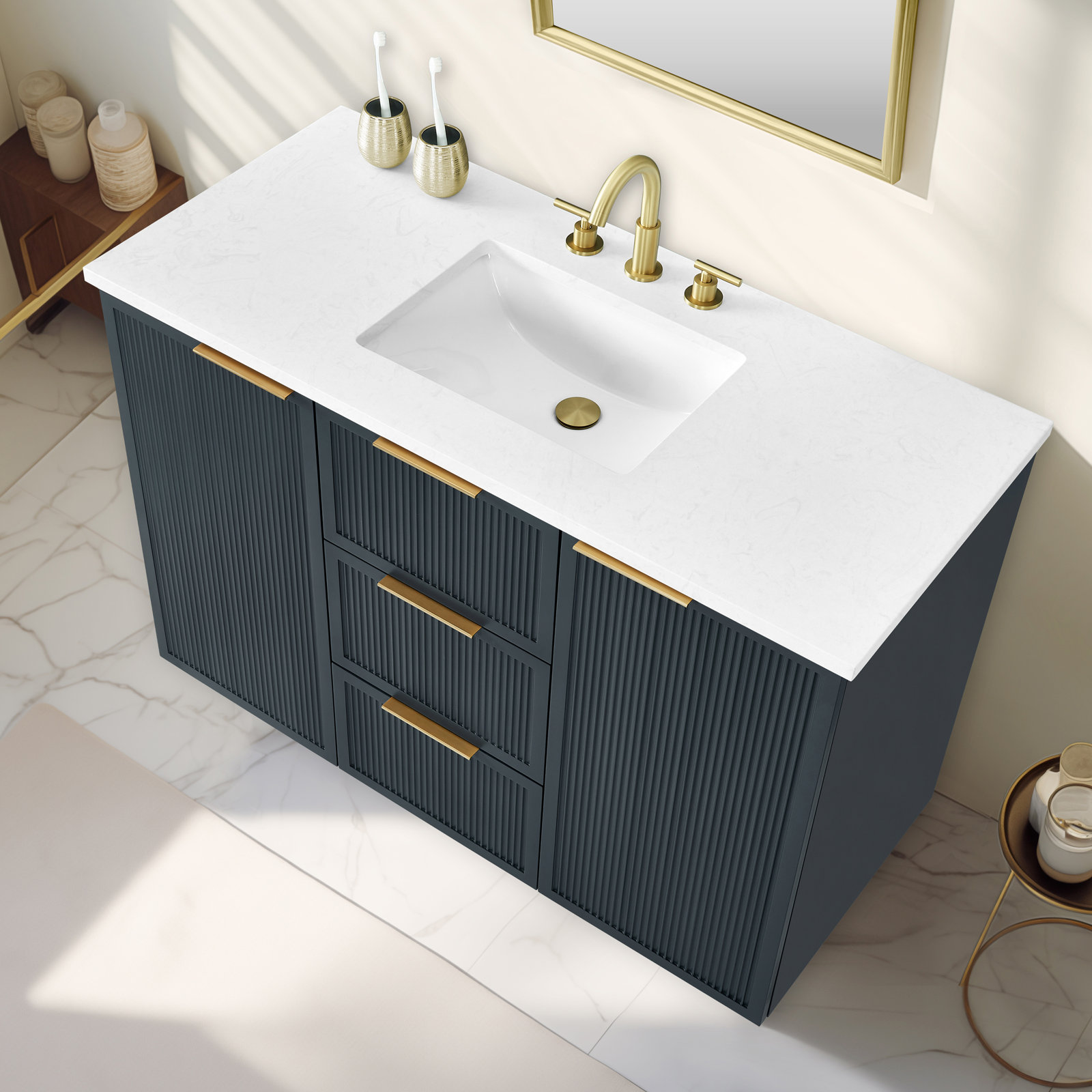 Aderyn 48" Pine Single Bathroom Vanity, Vintage Blue/Brushed Bronze