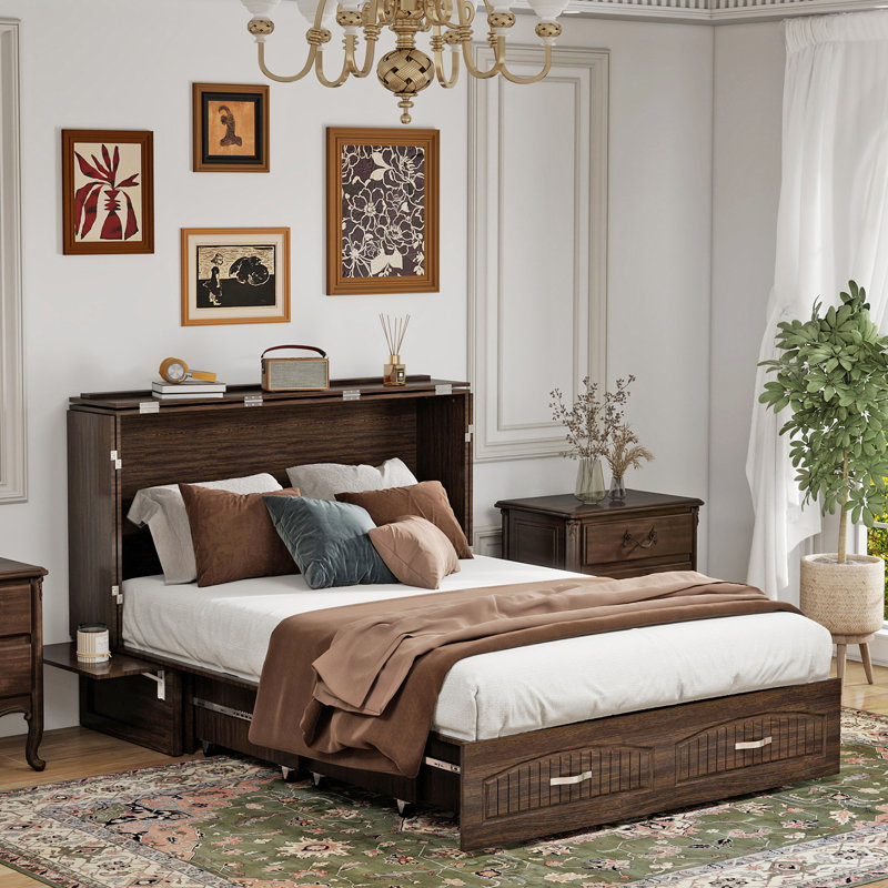 Grand lit escamotable avec 2 tiroirs, Marron foncé