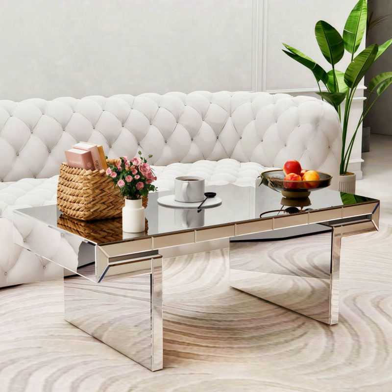 Table basse à miroir rectangulaire de luxe 47 pouces avec verre trempé cannelé, table d'appoint moderne pour canapé, assemblage facile en 2 étapes, style luxueux léger, emballage renforcé