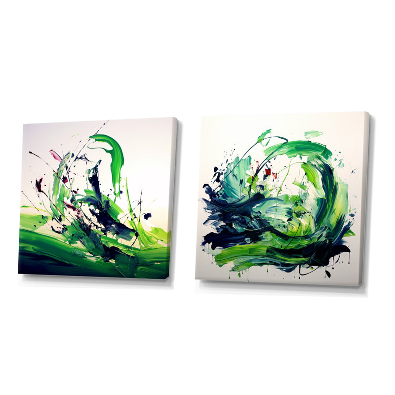 «Green and White Abstract Ink Expression IV», ensemble de 2 décorations murales, Toile tendue, H 16 po x l 33 po x P 1 po