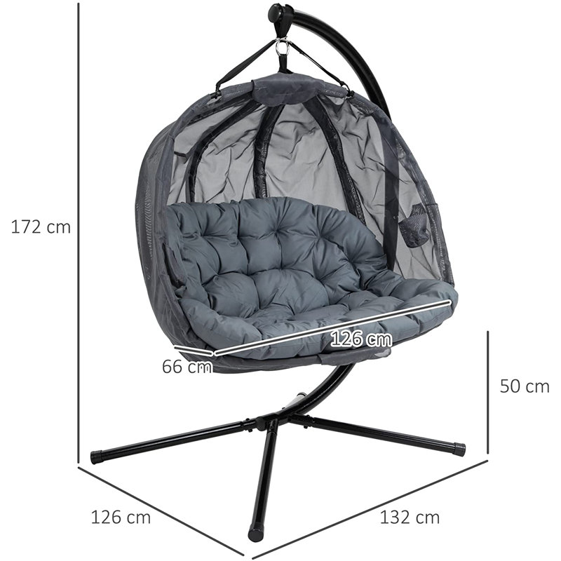 Som Double Hanging Egg Chair 2 Seaters with Stand and Cushion Grey