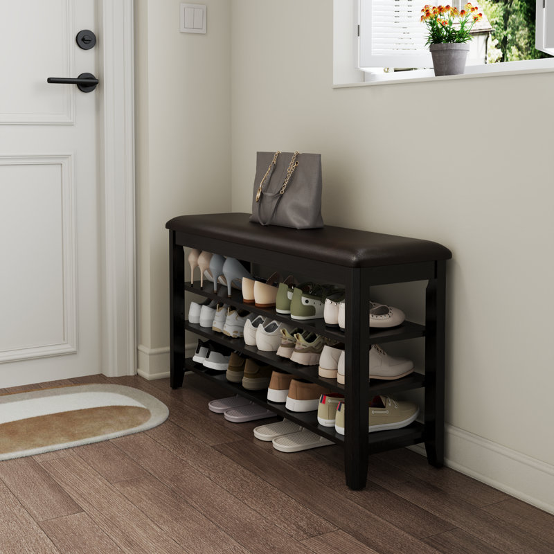 Banc à chaussures en bois massif à 3 niveaux avec rangement, H 20,4 po x l 39,3 po x P 11,8 po, Noir