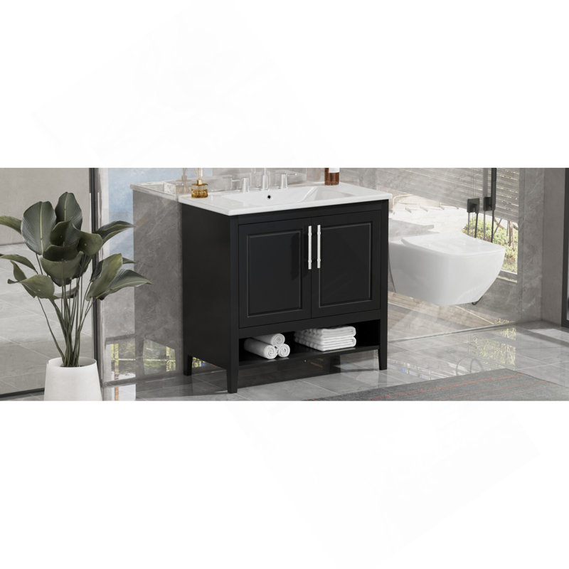 Meuble-lavabo 36 po avec lavabo, armoire de salle de bain multifonctionnelle avec portes et tiroirs, cadre en panneau de fibres à densité moyenne et panneau de fibres à densité moyenne, noir