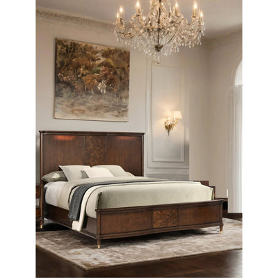 King Bed, Transitional Style, Dark Cherry, Solid Rubberwood, Poplar Burl Veneer, Gold - Capped Legs, Reading Led On Headboard, Stained Cases Eastern Foundation