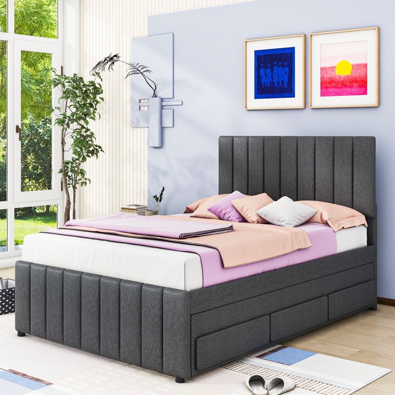 Upholstered Platform Bed with Twin Trundle and 3 Storage Drawers, Gris, Double