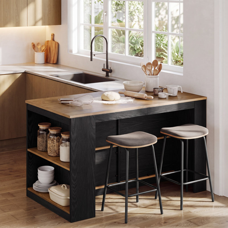 Îlot de cuisine brun et noir de 140 cm avec étagères de rangement, table à manger avec grand comptoir pour la cuisine