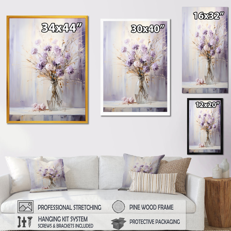 Bouquet de fleurs mauves, beauté - prairie, art mural, Toile tendue, H 32 po x l 24 po