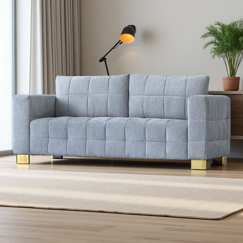 Canapé 3 places à accoudoirs larges en chenille rétro avec pieds en acier inoxydable sur mesure, Gris clair
