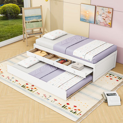 Platform Bed with Pull-Out Trundle, Integrated Power Strip, and Dual Storage Drawers