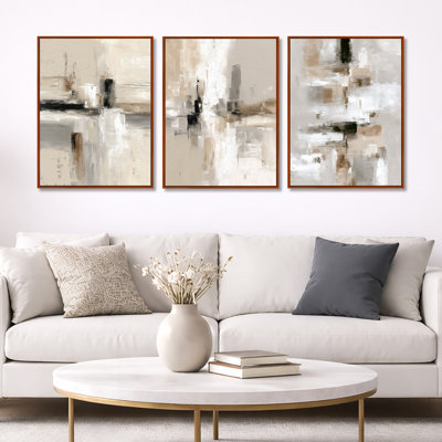 Brown and Black Brushstroke Abstract Painting II – Abstract Cubism Framed Canvas Print Set of 3