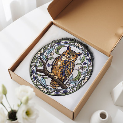 Owl Stained Stained Glass Window Panel，12"H
