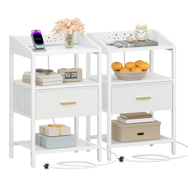 Bedside Table Set of 2 with Charging Station, Bedside Cabinet with 2 Open Shelf and 1 Fabric Storage Drawer, Side End Table with USB Ports & TypeC for Bedroom, Living Room 