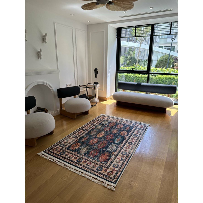 Coton à imprimé numérique oriental bleu marine Toscana Tapis chenille antidérapant, Carré 2 pi 7 po
