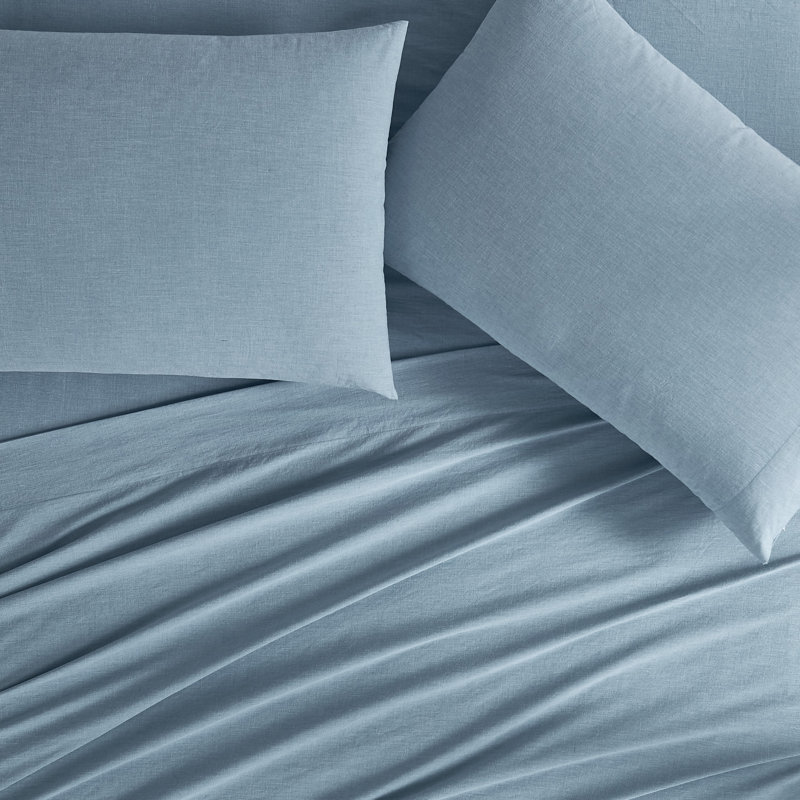 Ensemble de draps Frye, Bleu, Ensemble de draps pour grand lit avec 2 taies d'or