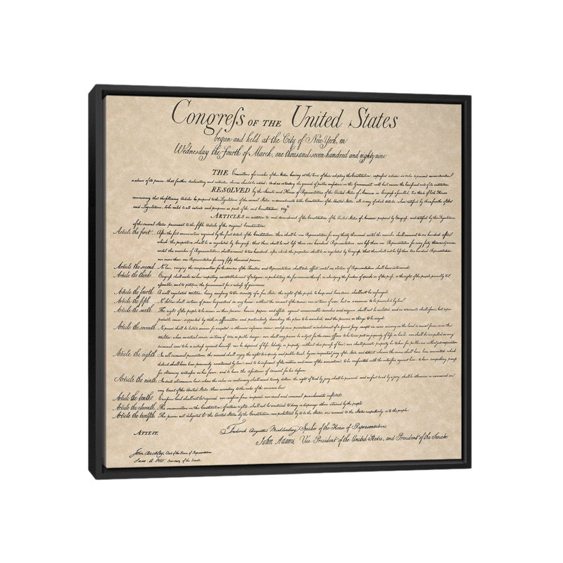 " The Bill Of Rights, 1789 ", 12" H x 12" W x 1.5" D, Black Framed