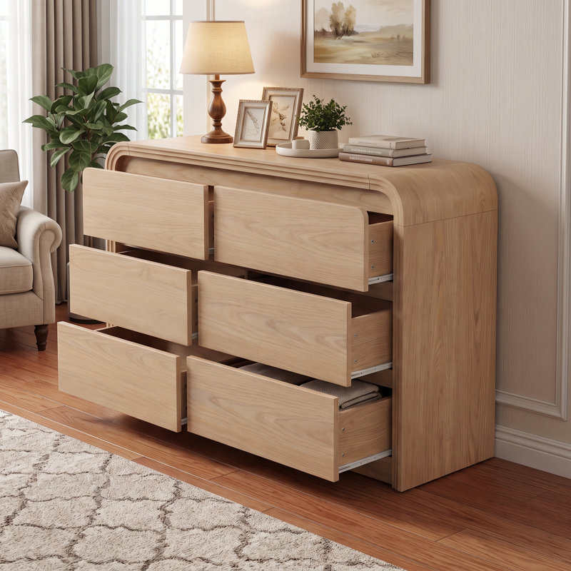 Commode 6 tiroirs 47,24 "avec bords arrondis, commode large pour le rangement de la chambre à coucher, Tanné