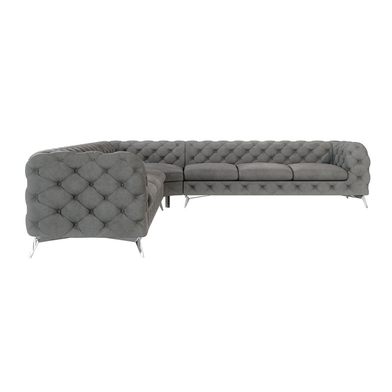 L-shape Corner Chesterfield Sofa  with Silver Metal Legs, Grey