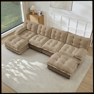 Canapé modulaire modulaire en forme de U de 138 po en forme de U avec 2 repose-pieds, canapé 4 places en chenille profonde avec coussin en treillis confortable décoré, chambre à coucher et appartement, café clair