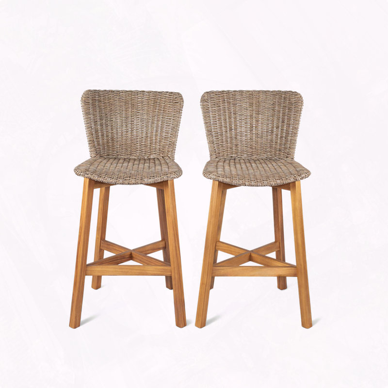 Outdoor Bar Stool Wood Wicker Versatile Style Design, Light Brown