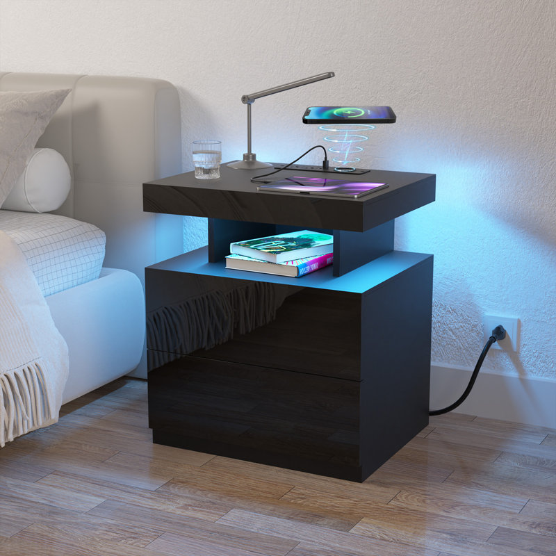 Chappa Manufactured Wood Nightstand with Wireless Charging Station, LED Light and 2 Drawers, Black