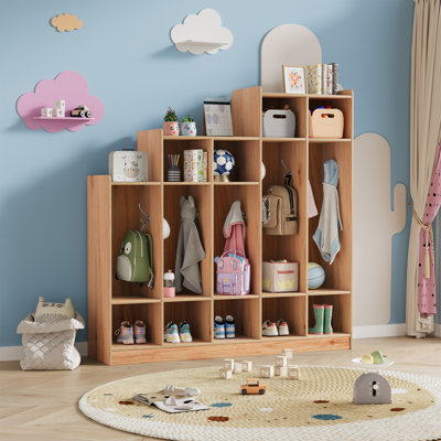 Casier à 5 sections en bois pour enfants avec 9 casiers de rangement et 10 crochets, organisateur de rangement pour enfants